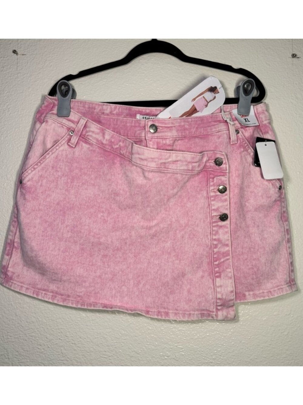 Pink Denim Mini Skirt with Asymmetric Button Front